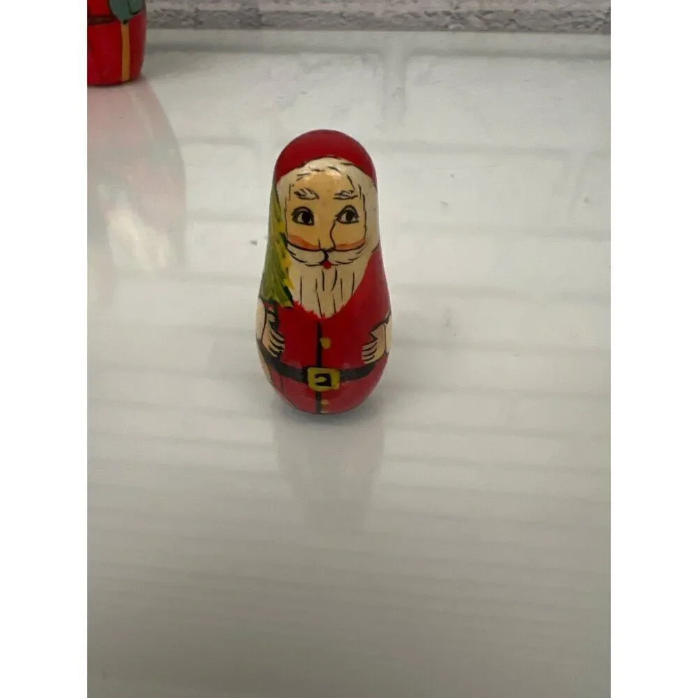 Vintage Russian Santa Claus Hand Painted Wood Nesting Dolls 5 PCS